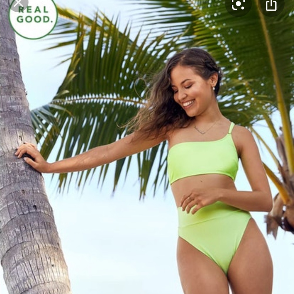 Aerie One Shoulder Bandeau Bikini Set Neon Green